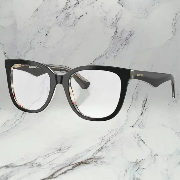 Burberry Eyeglasses New Black Square Full Rim Check Logo Rx-able 53-19-140 mm - Picture 1 of 7